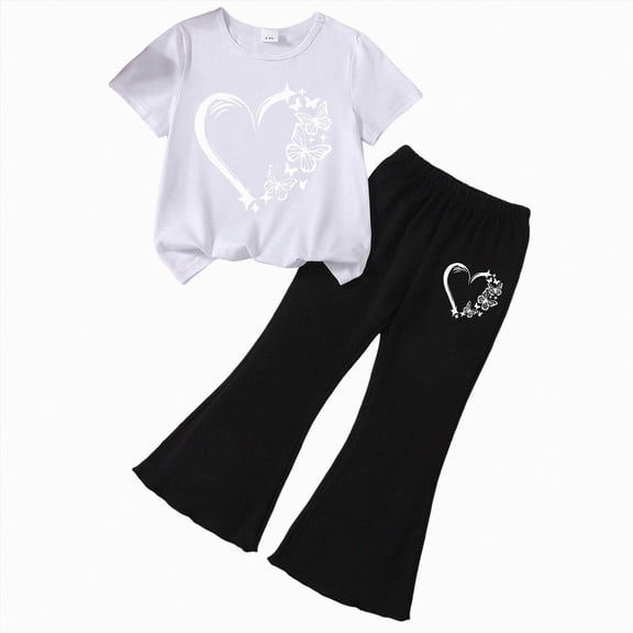mgoYE Girls Outfits Toddler Clothes Sweet Summer Set Short Sleeve Top Flare Pants School Playwear Set 3-4 Years