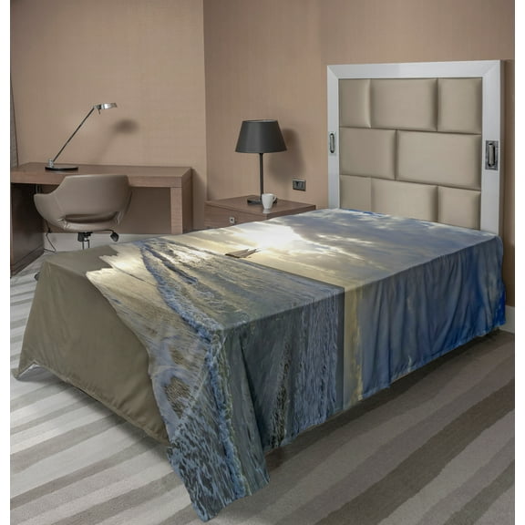 Ambesonne Beach Flat Sheet, Sailing Shipt Sunset, TwinXL Size, Blue Beige White