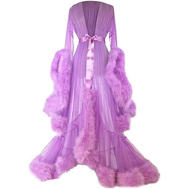 Vestido largo de cola de mujer Vestido de mangas acampanadas de plumas Perfecto para despedidas de soltera