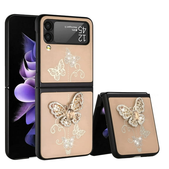For Samsung Galaxy Z Flip 4 5G 3D Diamond Bling Sparkly Glitter Ornaments Engraving Hybrid Metal Fashion Cover ,Xpm Phone Case [ Gold Garden Butterflies ]