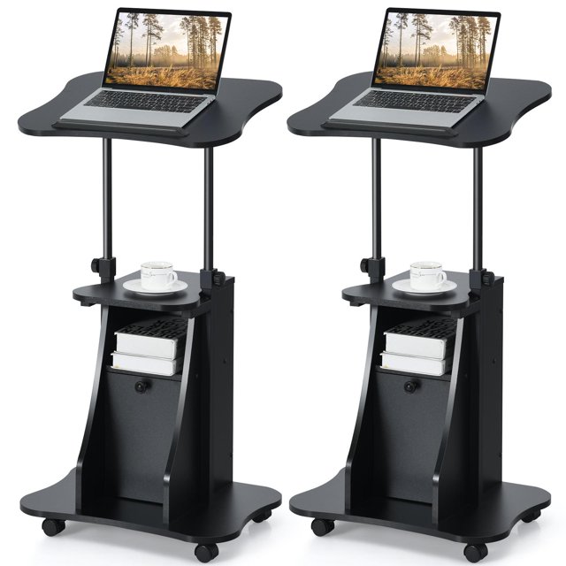 Giantex Bureau Mobile Assis-Debout, Bureau Debout à Hauteur Réglable avec Plateau Inclinable et Armoire de Rangement, Bureau Ergonomique Roulant pour Ordinateur Portable, Poste de Travail Informatique de Bureau à Domicile sur Roulettes(2)