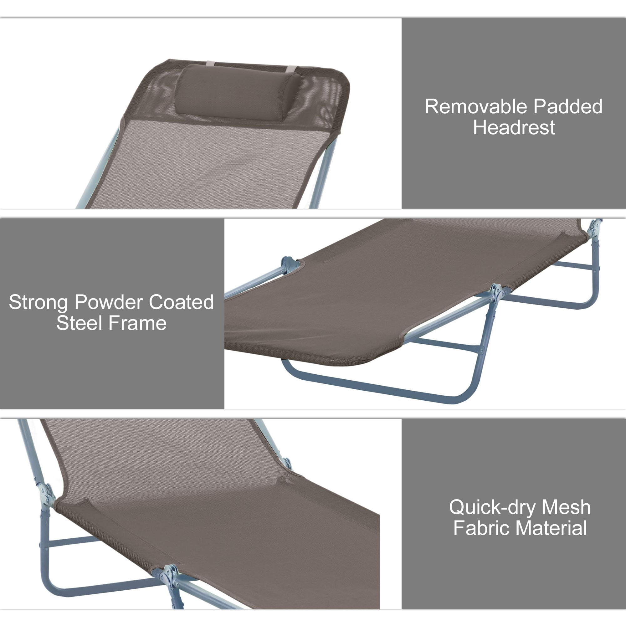 5-Position Reclining Folding Mesh Lounge Chair with Pillow, Powder Coated Steel Portable Outdoor Chaise Lounge Supports 264 LBS for Poolside Beach Patio