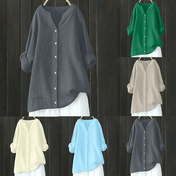 Camisa gris para mujer,Blusa tipo túnica de lino con cuello en V para mujer, manga larga, corte holgado, informal, para verano, ideal para el hogar, sopatenor