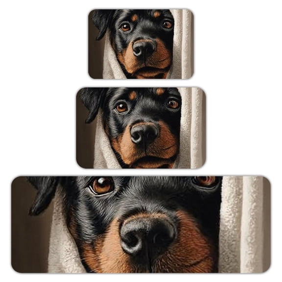 RKSupls Kitchen Rug Set 3 Piece Anti-Slip Flannel Floor Mats, Rottweiler Puppy Washable Absorbent Runner Mats for Kitchen Bathroom Home Decor