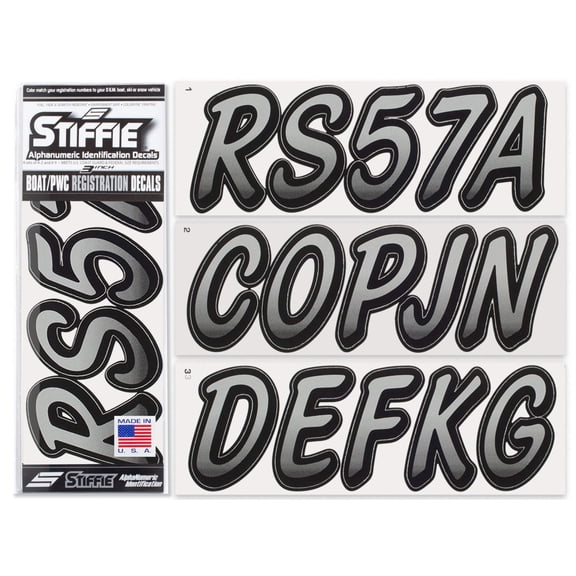 Stiffie Whipline Silver/Black 3" Alpha-Numeric Registration Identification Numbers Stickers Decals for Boats & Personal Watercraft