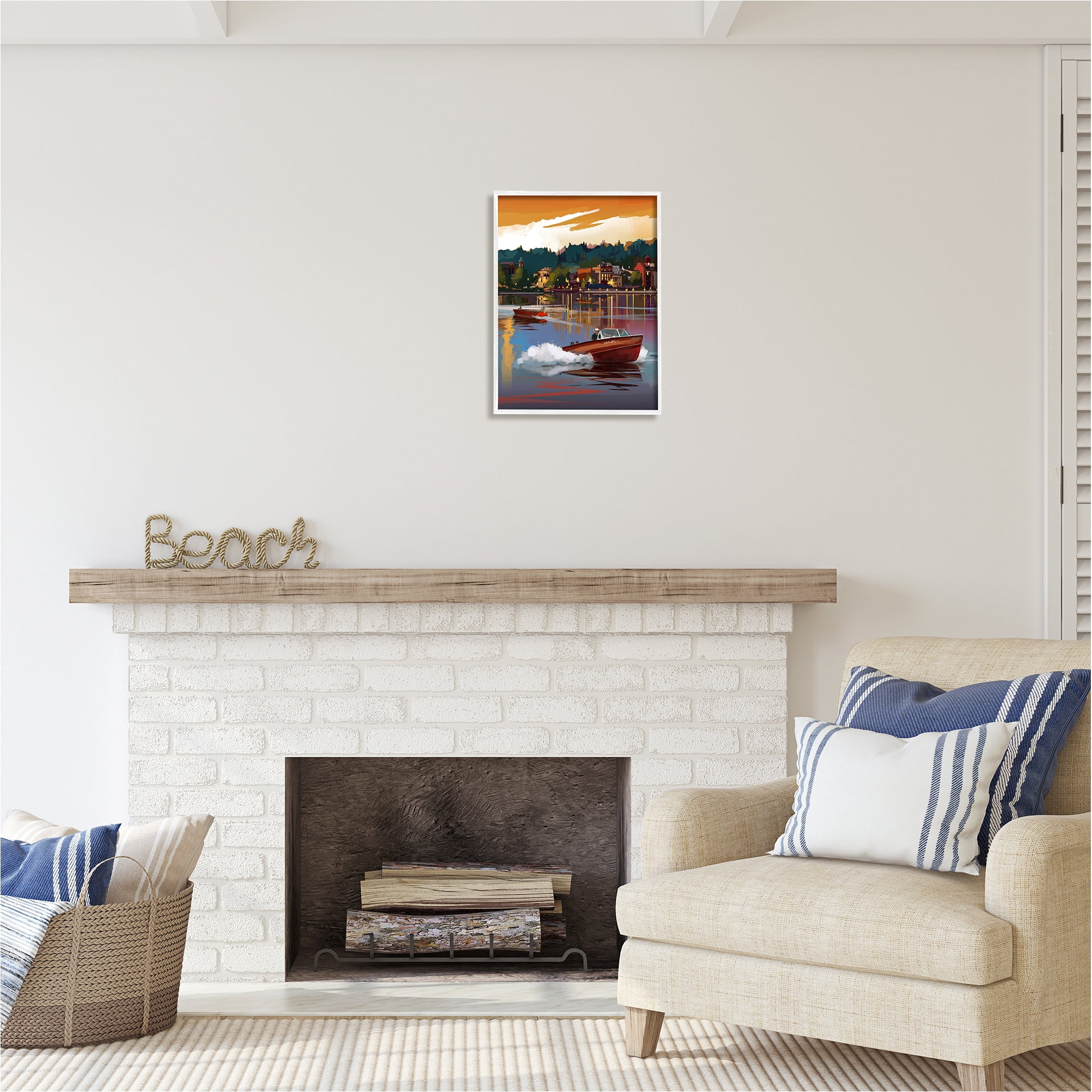 Stupell Industries Boats at Sunset Pier Transportation Painting White Framed Art Print Wall Art, 16 x 20