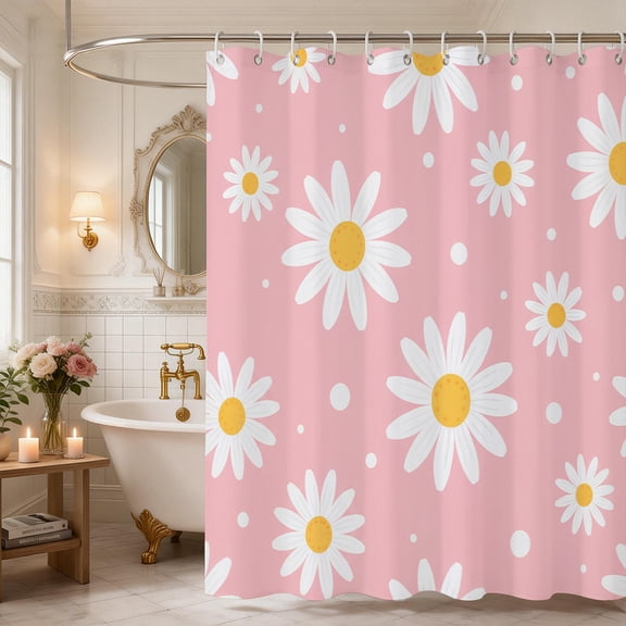 Auckpure Pink Daisy Floral Shower Curtain, 72 x 72 Inch Waterproof Bathroom Curtain with 12 Hooks