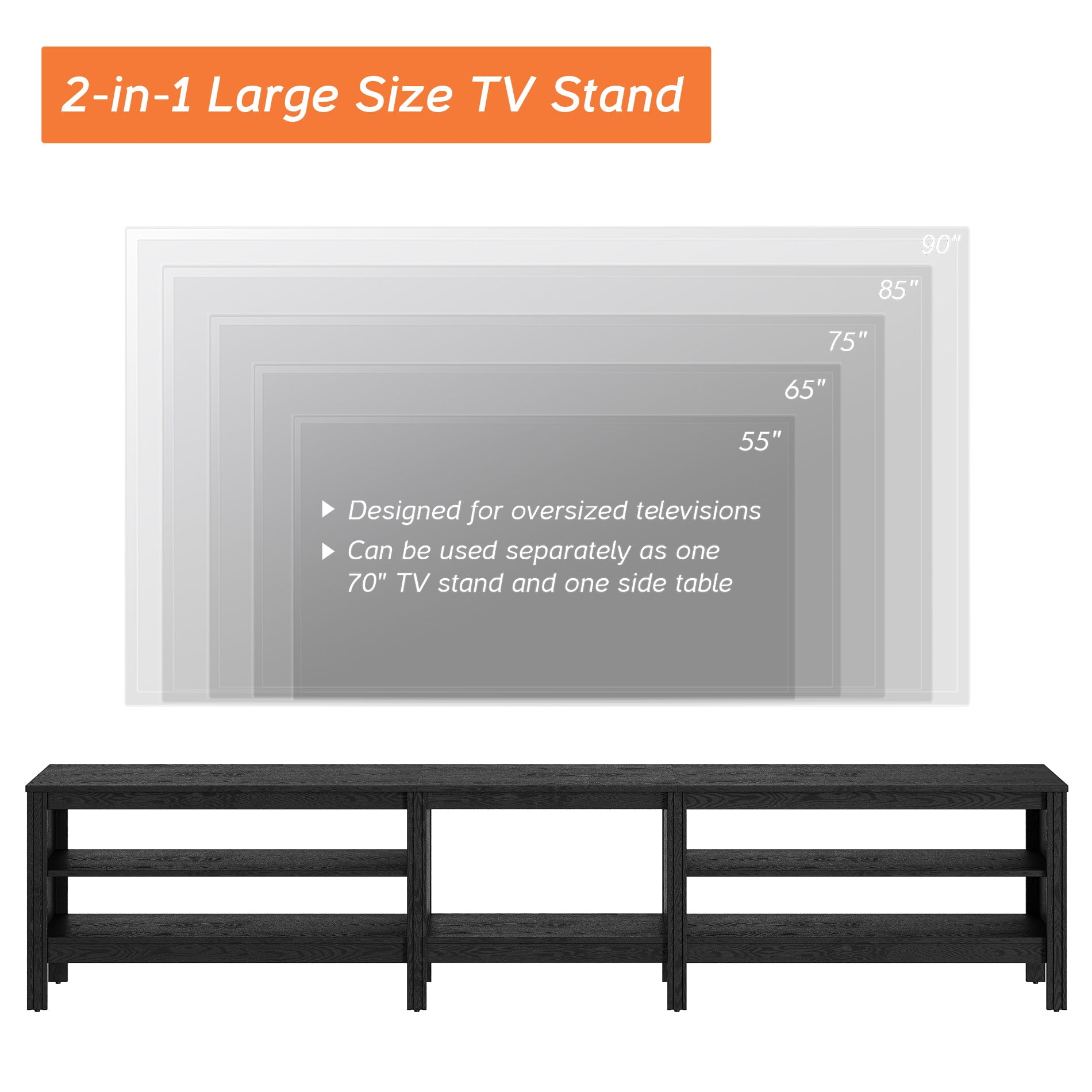 Fitueyes black TV Stand for 90 100 Inch TV Entertainment Center, Wood TV Table with Open Shelves for Living Room, 94 inch