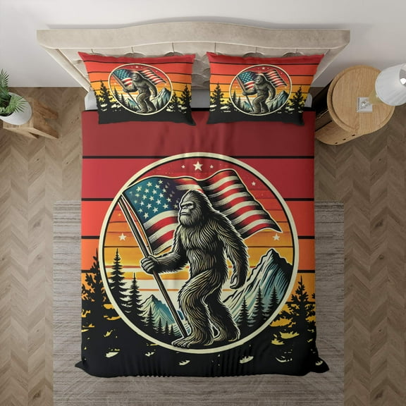Lotusprinthandmade Patriotic Bigfoot with America Flag Bedding Set (Made in Vietnam) (60x80), bigfoot patriotic theme bedding