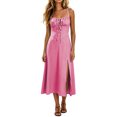 thumbnail image 4 of Noric Women Sleeveless Cami Dress Plunging Neckline Drawstring Ruched Front High Slit Midi Summer Party Evening Gown Dresses, 4 of 7