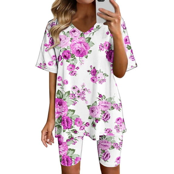 Two Piece Summer Sets Plus Size Women's Short Sleeve V-neck Tops Shorts Comfortable Homewear ,2 Piece Beach Outfits for Women