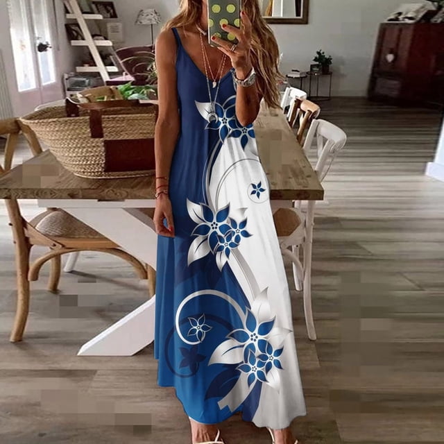 SMihono Robe Maxi Bohème d'Été pour Femmes Grande Taille Mode d'Été Imprimée Col en V Sans Manches Bretelles Robe Pull Robe de Plage