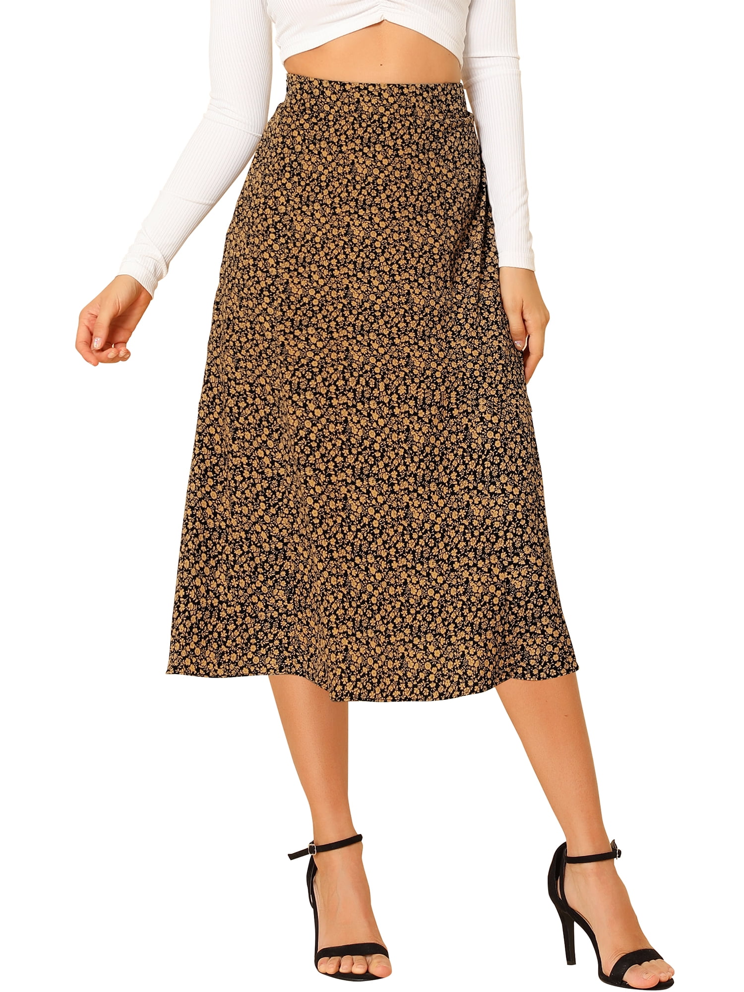 DARING DIVA Women's Elastic Waist A-Line Floral Print Midi Skirt M Black Yellow