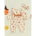 thumbnail image 2 of Halloween Newborn Baby Girl Outfits Ruffle Pumpkin Long Sleeve Romper Jumpsuit with Headband Set Waffle Fall Clothes 0-12M, 2 of 8