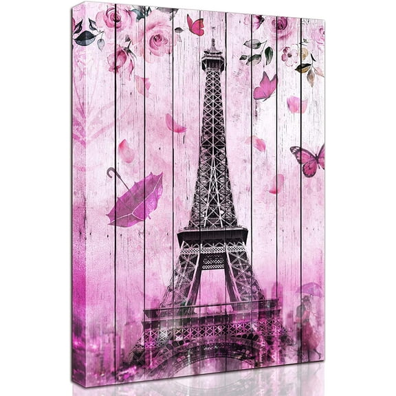 Eiffel Tower Canvas Wall-Art - Paris Themed Bedroom Decor Decorations For Girls Bedroom - Wall Pictures For Living Room - Pink Bathroom Accessories Flower Love Size 12x16 Inches