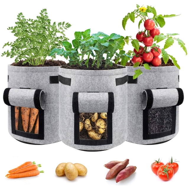 Bolsas para plantar papas, paquete de 3, macetas de tela gruesa, jardín, verduras, bolsa para plantar con asas y ventana con velcro, gris Xemadio LKX-0174