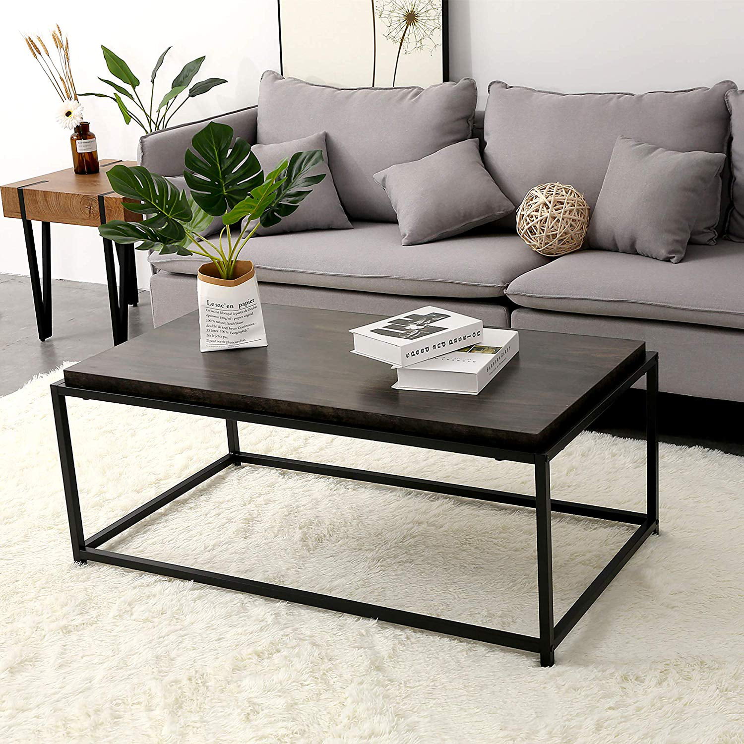 Ivinta Wood Coffee Table Modern Industrial Space Saving Couch Living ...
