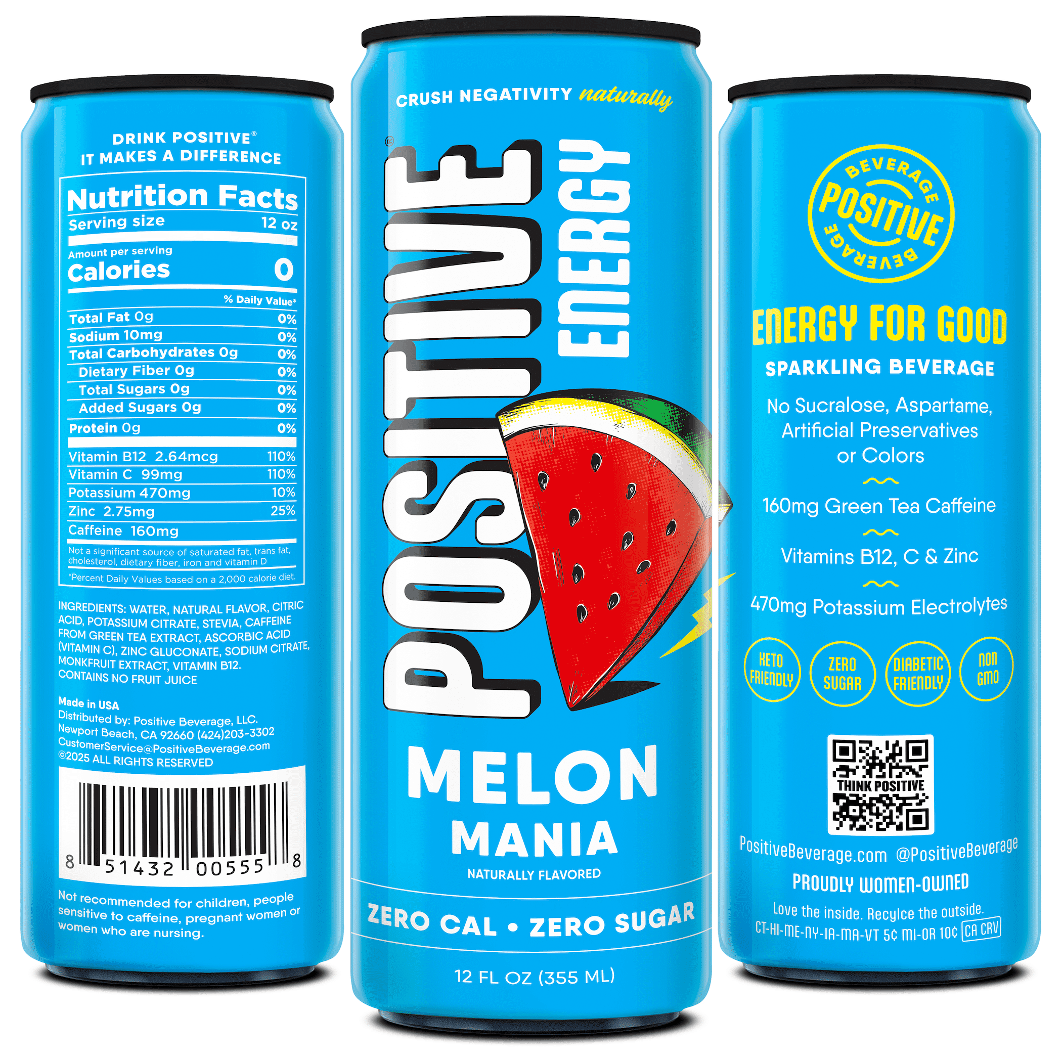 Positive Energy Drink - Melon Mania | Zero Sugar, Zero Calorie, 12oz Cans (Pack of 12) | Hydrating Electrolytes, Immunity Support with Zinc, Healthy Energy Boost