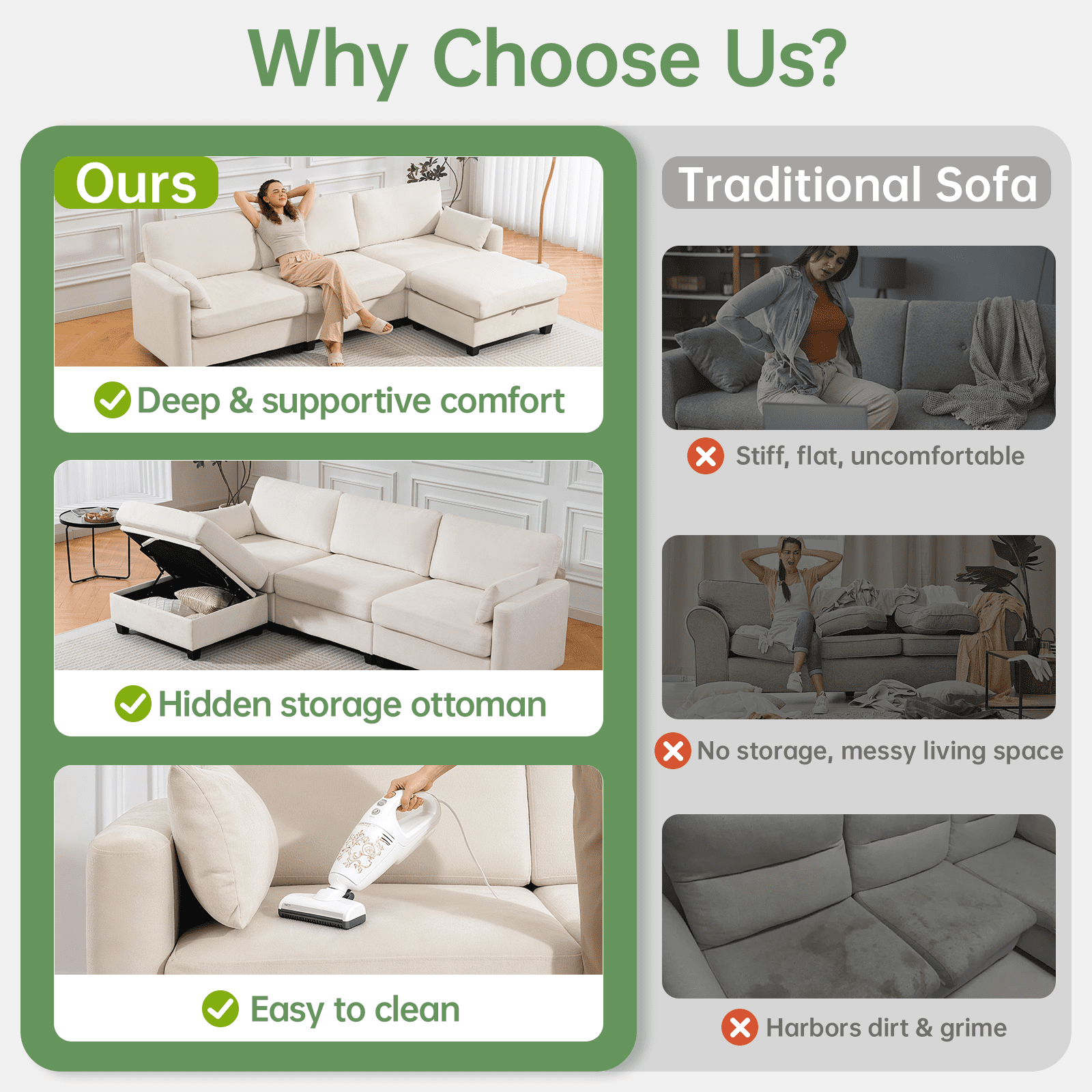 109" Modular Sectional Sofa Sleeper Bed with Storage Ottoman, Oversized Deep Seat Cloud Couch with Movable Ottomans, Convertible 4-Seat L-Shaped Sofa for Living Room or Apartment (High Legs 3.15")