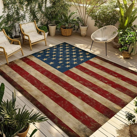 Fsddascl Vintage American Flag Outdoor Rug for Patio/Deck/Porch, Non-Slip Large Area Rug 4 x 6 Ft, Retro USA Flag Blue Red Indoor Outdoor Rugs Washable Area Rugs, Reversible Camping Rug Carpet