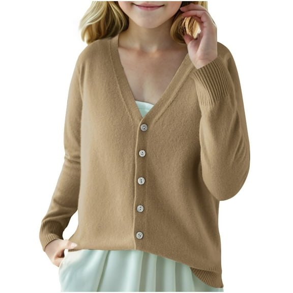 Ashirexll Girls Winter Cardigan Sweaters Long Sleeve V-Neck Button Front Knit Top for Teens 6-15 Years