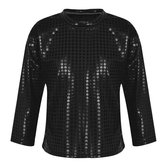 Kaerm Boys Girls Sparkly Sequins Metallic Long Sleeve Top T-Shirt Modern Jazz Hip Hop Stage Black 120