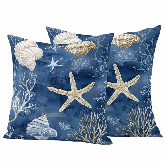 Navy Blue Coastal Outdoor Waterproof Pillow Covers, Nautical Beach Starfish Coral Summer Decorative Square Throw Pillowcase Sofa Cushion Sham for Patio/Couch/Chair, 18"x18" 2 Pack