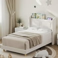 thumbnail image 2 of Garvee Upholstered Twin Bed Frame with LED Lights, Velvet Platform Bed Frame with Wingback Storage Headboard, Wood Slat Support, No Box Spring Needed, Easy Assembly, Beige, 2 of 9