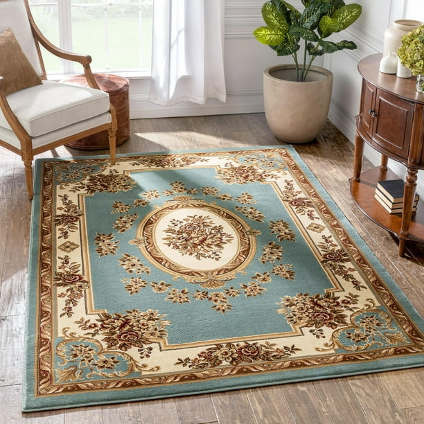 Past Medallion Light Blue French, Traditional Area Rugs For Dining Room