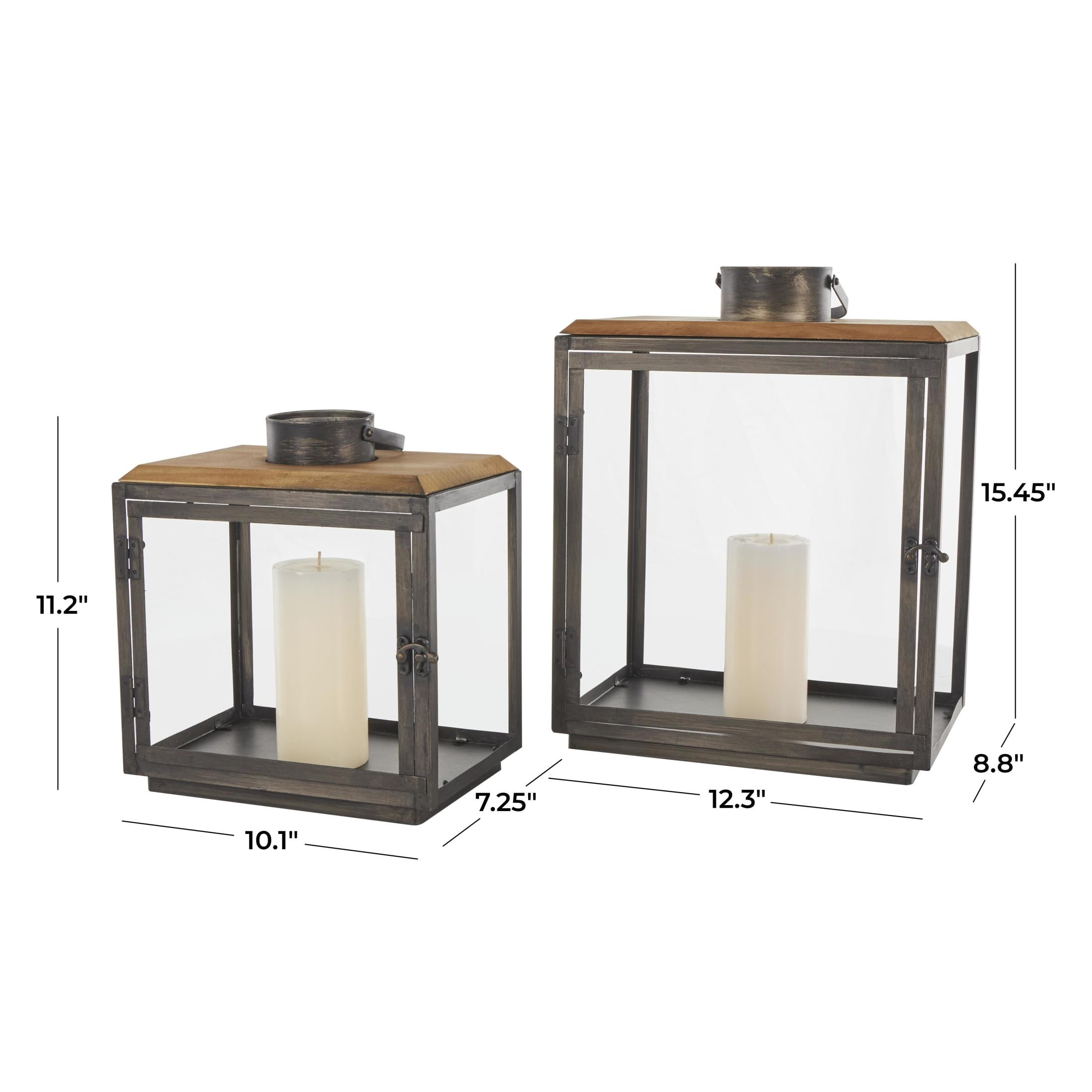 DecMode 2 Holder Dark Gray Metal Brushed Rectangular Candle Lantern with Brown Wood Tops, Set of 2