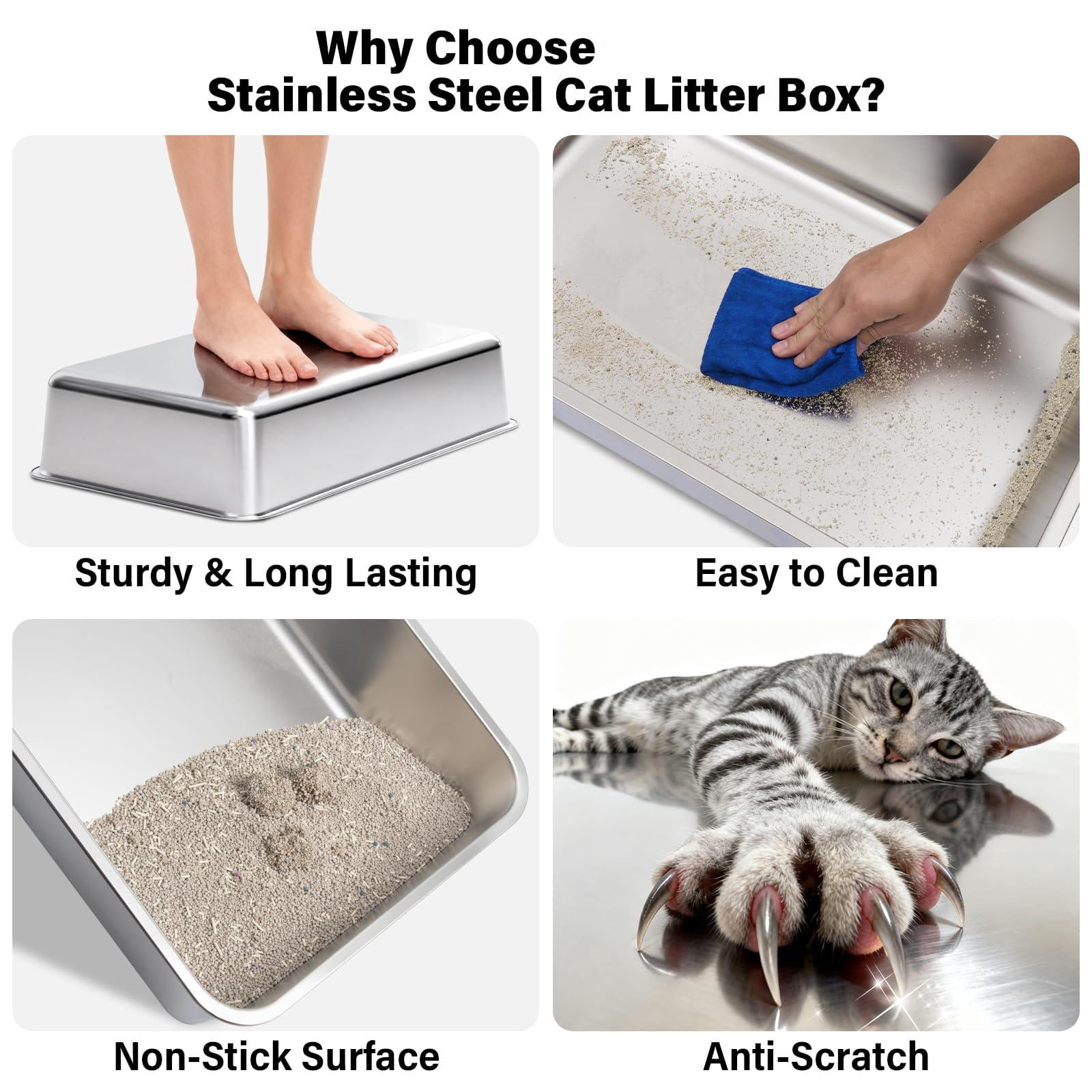 2pack Stainless Steel Litter Box  Xl Extra Large Cat Boxes For Big Cats Metal With Lid High Sides Leak-proof Never Absorbs Odors Easy Cleaning Non-stick Scoop Included