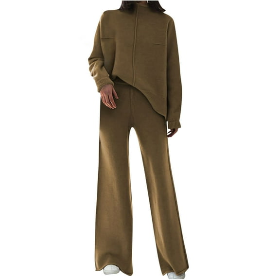 BLVB Women's 2 Piece Outfits Sweater Set Wide Leg Pants High Neck Knitted Pullover Sweatsuit Tracksuit Loungewear