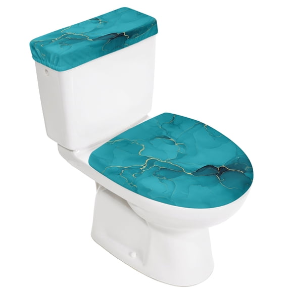Turquoise Marble Toilet Lid Cover and Tank Cover Set, Turquoise Marble 2pc Stretch Toilet Lid Seat Covers for Bathroom Washable Protector with Elastic Edge for Standard & Elongated Toilets