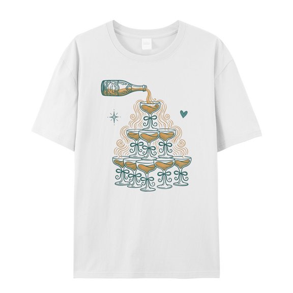 Women's Graphic T-Shirt Tops White XL Celebration Champagne Glasses Women's Tops Crew Neck Short Sleeve Tees