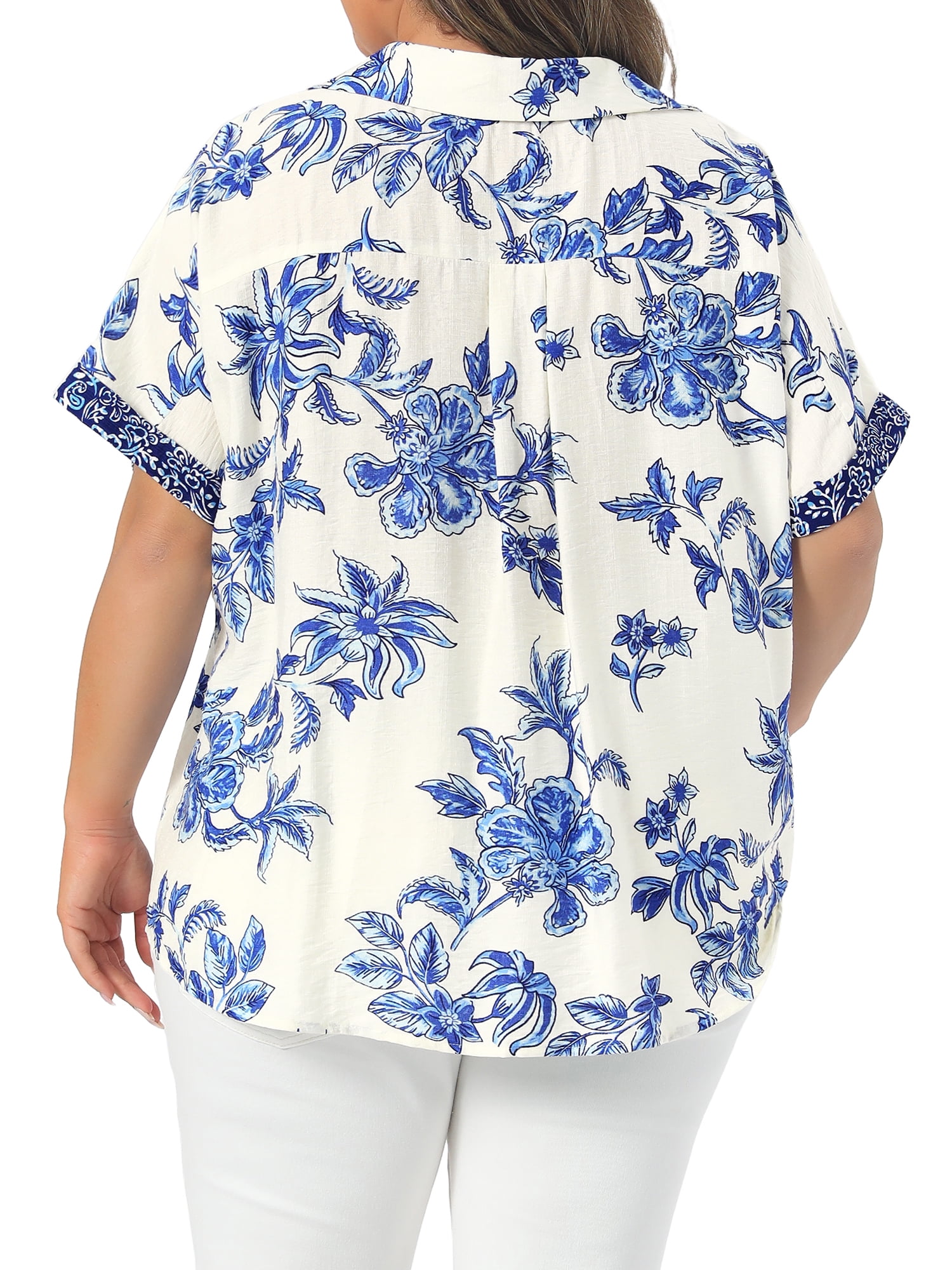 DARING DIVA Women's Plus Button Collared V Neck Short Sleeve Floral Tops 4X Blue