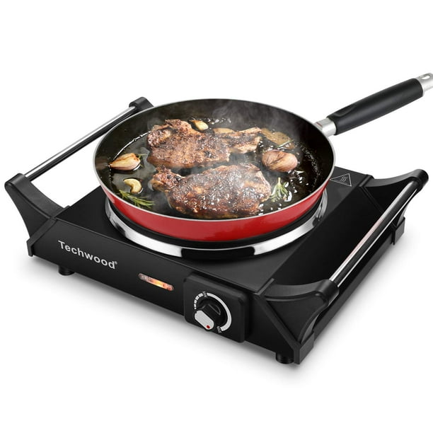 Techwood Estufa eléctrica portátil con placa caliente de 1500 W, quemador individual con temperatura ajustable y asas para mantener el frío, placa de cocina de 7,5 pulgadas para dormitorio, oficina, h