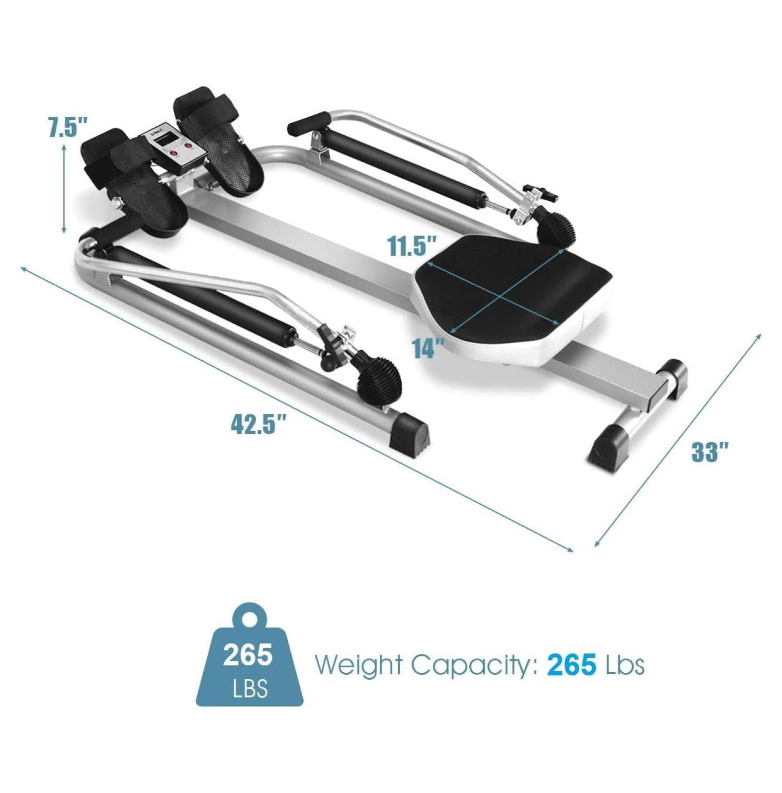 Rowing Machine for Home, 265LBS Weight Capacity Hydraulic Rowing Machine with Adjustable Cylinder Resistance up to 110lbs & LCD Monitor, Compact Full Rower for at Home Exercise Silver