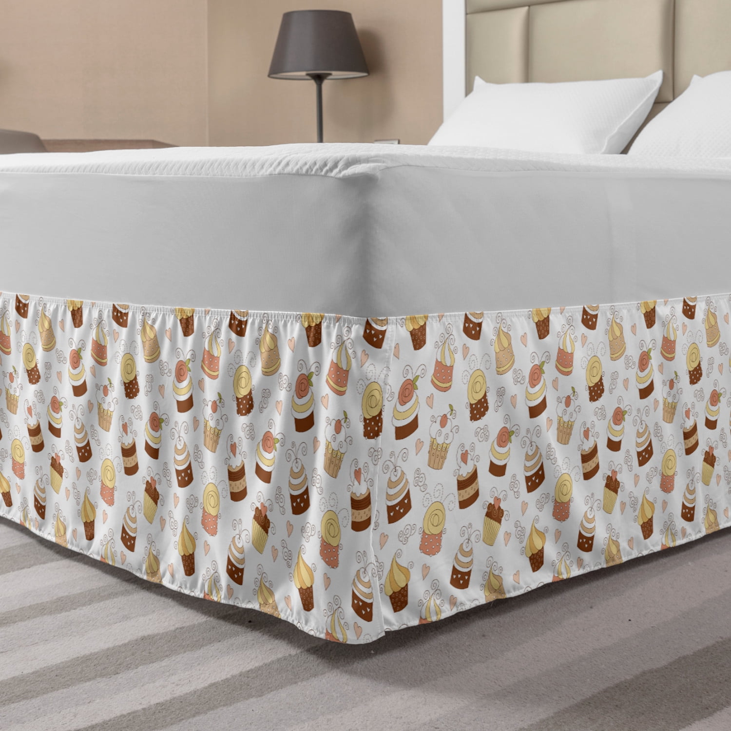 Cream and White Bed Skirt, Cupcakes Various Toppings Whipped Cream