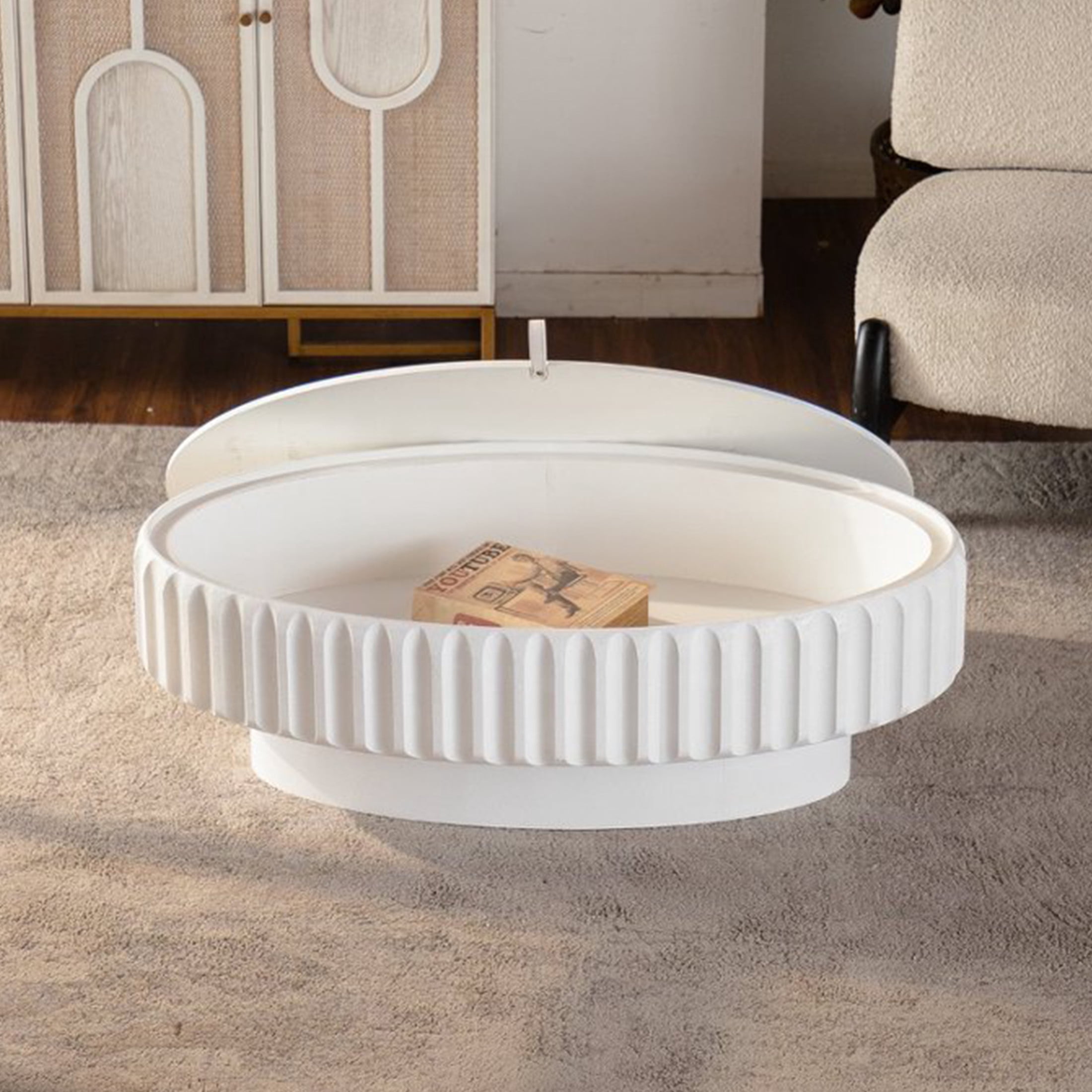 Noble House Haylie 31.5" Oval Fluted Storage Coffee Table with Lift-Top Lid, for Modern Living Room, Cream White