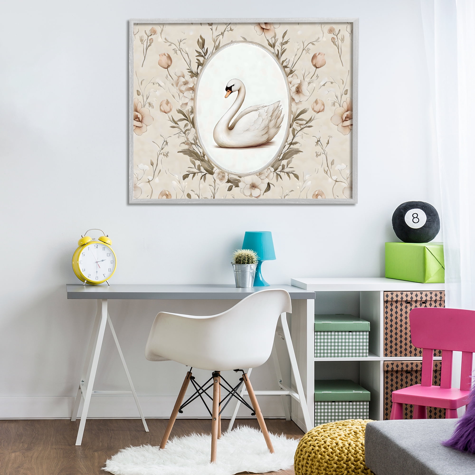 Stupell Industries Swan Vignette in Floral Border Gray Framed Giclee Art, design by Arlington Prints