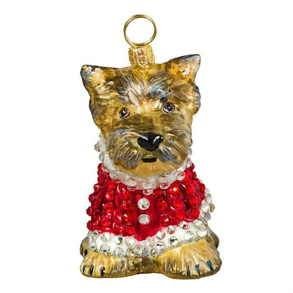 Yorkshire Terrier Puppy in Crystal Coat Polish Blown Glass Christmas Ornament