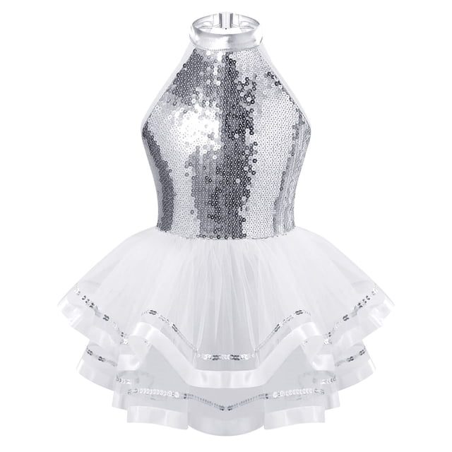 Oyolan Robe Justaucorps de Danse Ballet Métallique à Paillettes pour Filles avec Jupes Tutu en Tulle Robes de Performance Blanc 12