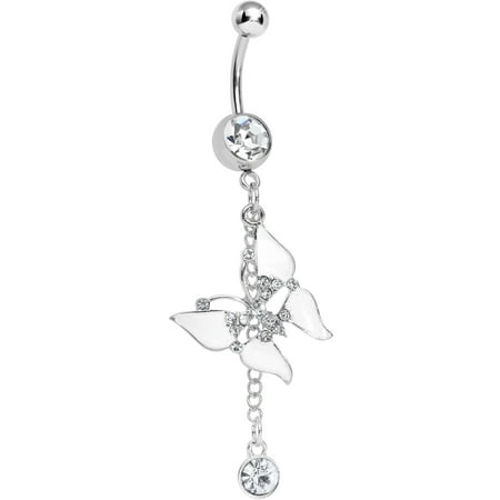 Dangle Belly Chain - Clear Mystical White Wings Butterfly Chain Dangle Stainless Steel Bar Belly Ring