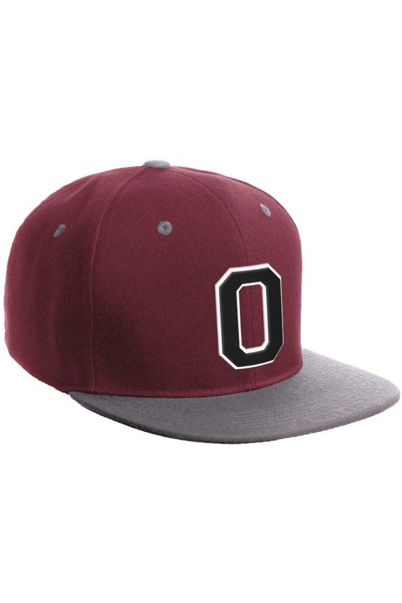 Classic Snapback Hat Custom A to Z Initial Varsity Letters, Burgundy Light Grey Hat White Black Letter O