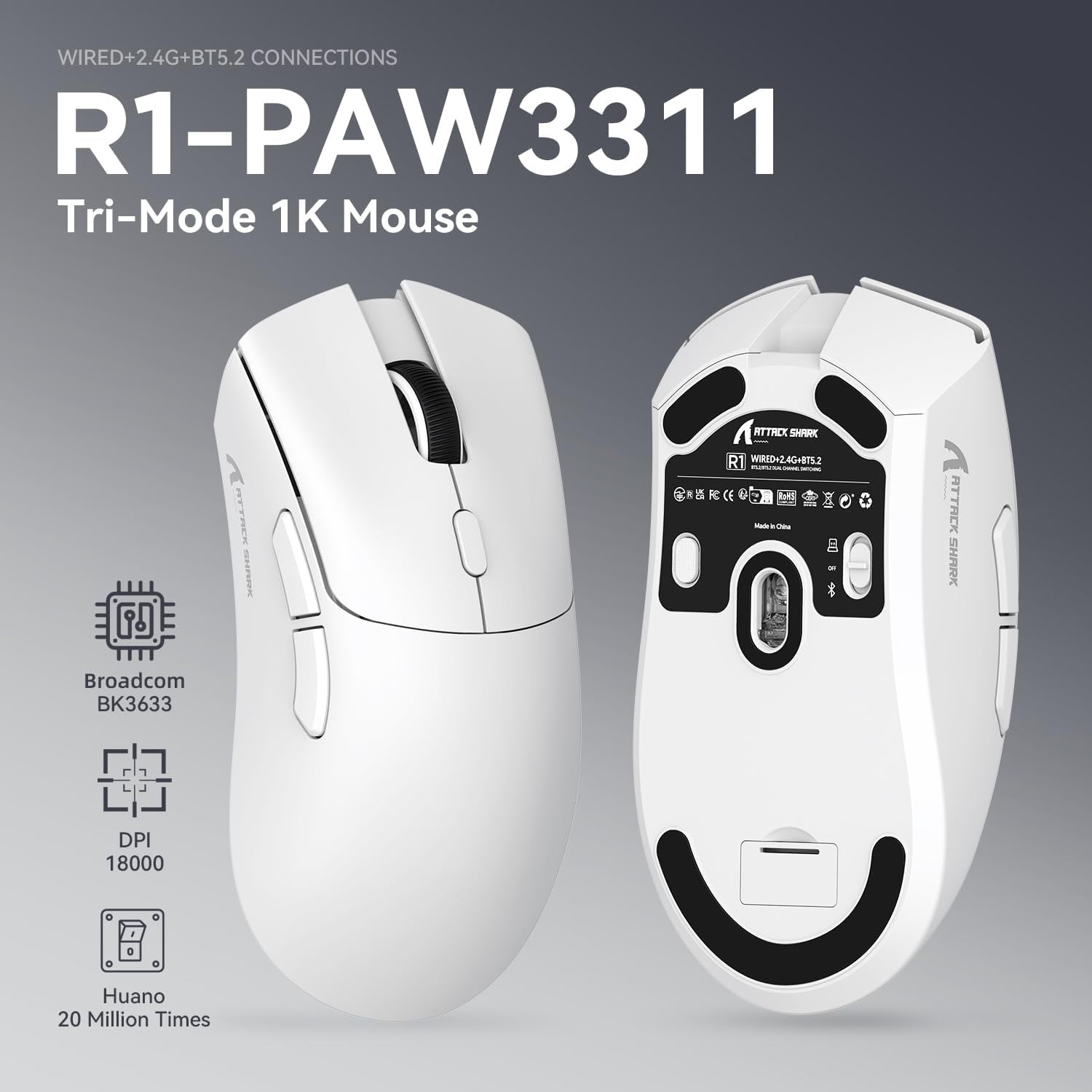 ATTACK SHARK R1 59g SUPERLIGHT Gaming Mouse, PixArt PAW3311 Gaming Sensor, BT/2.4G Wireless/Wired