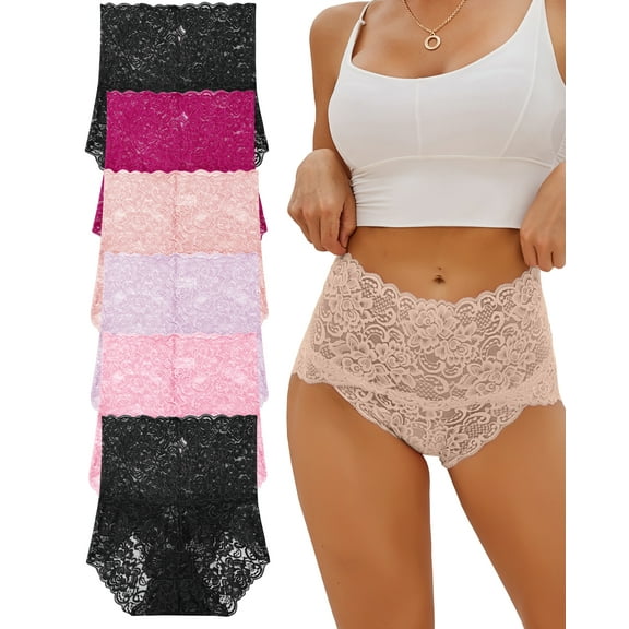 Finetoo 6 Pack Lace Underwear For Women High Waisted Invisible Briefs Embroidery Floral Panties S-XXL
