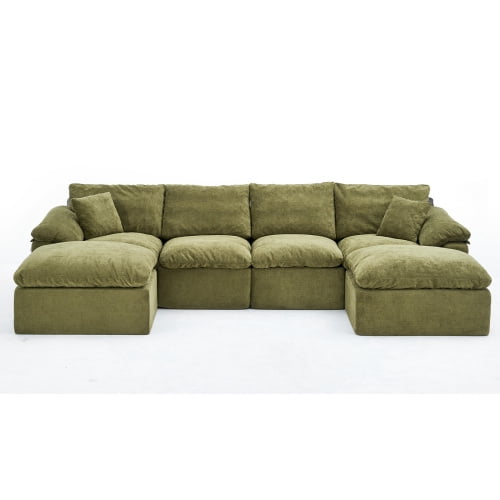 130" Modular Sectional Sofa, L-Shape Cloud Couch with 2 Movable Ottomans, Comfy Chenille Deep Seat Sofa with Soft Pillows for Living Room Apartment, Green