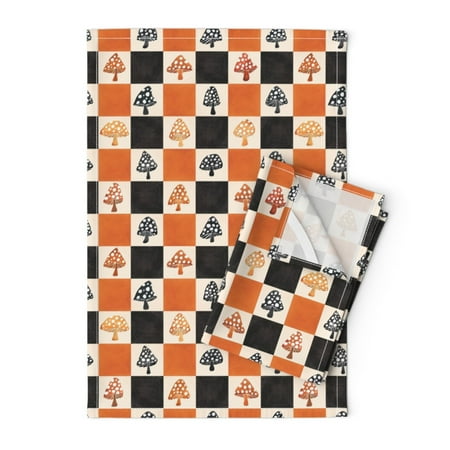 

Printed Tea Towel Linen Cotton Canvas - Halloween Mushroom Checks Checkerboard Black Orange Check Autumn Fall Watercolor Print Decorative Kitchen Towel by Spoonflower