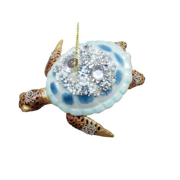 Blue Sea Turtle Encrusted Jeweled Christmas Holiday Ornament Glass