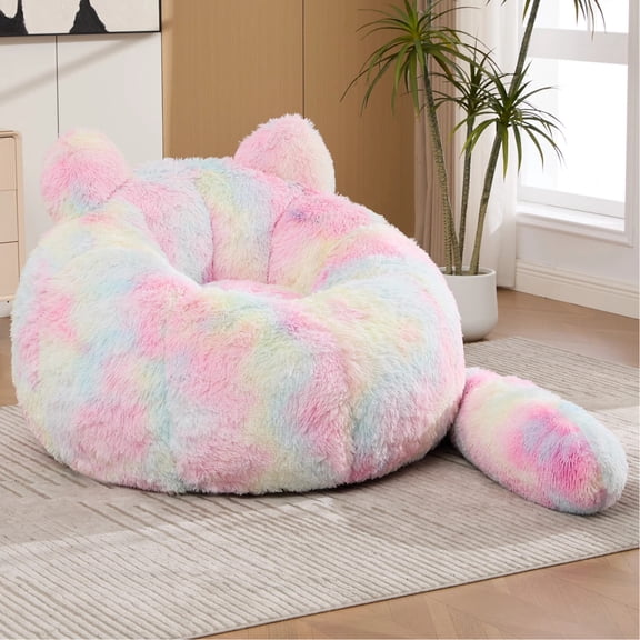 Arouseden 41.7" Rainbow Bean Bag Chairs for Adults,Faux Fur Bean Bag Sofa,Cat Shaped Chair,Memory Foam Chair for Living Room
